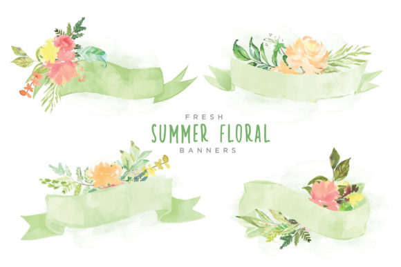 Download Summer Watercolor Floral Banner Ribbons - Summer Collection
